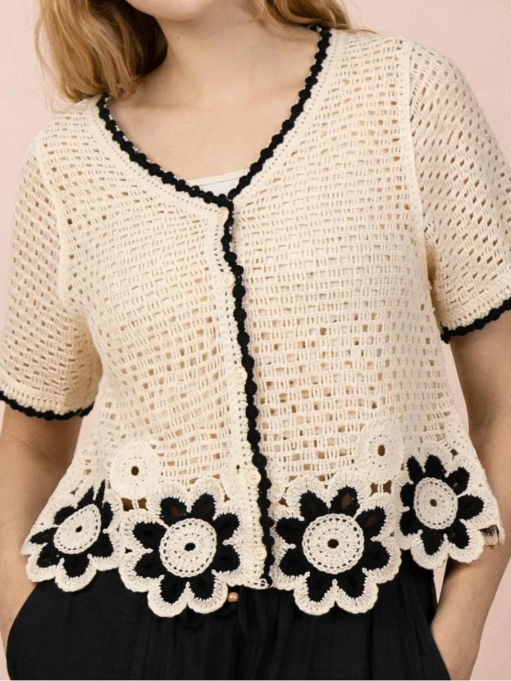 ShopEvelynne Cream and Black Crochet Short Sleeve Cardigan